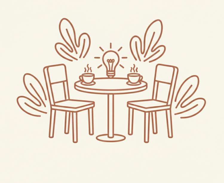 Minimalist line drawing of a cafe table with two steaming coffee cups and an overhead lightbulb, symbolizing easy social connections.