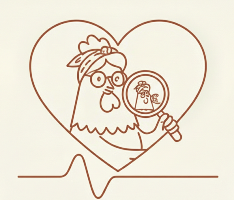 Mother Hen character wearing glasses and a bandana looking through a magnifying glass, representing curated matching and safety checks.